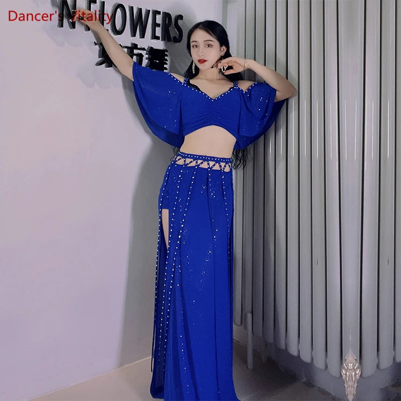Belly Dance Costume Women Purple V-Neck Off-Shoulder Crop Top and Slit Skirt Set with Rhinestone Detail