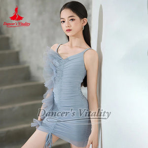 Dance Dress Women's Light Blue Ruched Ruffled Mesh Mini Dress, Dance Dress Women's Black Ruched Mesh Mini Dress, Latin Salsa Rumba Dancewear