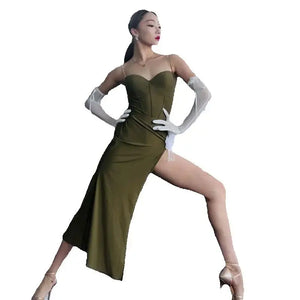 Women's Olive Green Sweetheart Slit Fringe Latin Ballroom Dance Dress