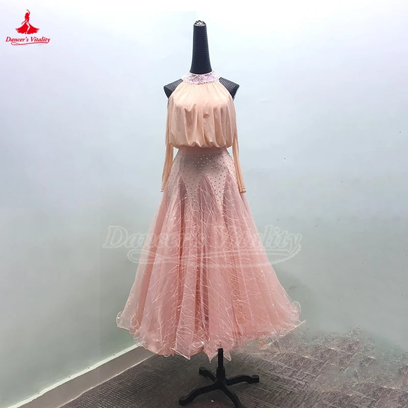 Women's Standard Ballroom Waltz Dance Dress With Long-Sleeve Lace Full Swing Skirt For Performance And Competition