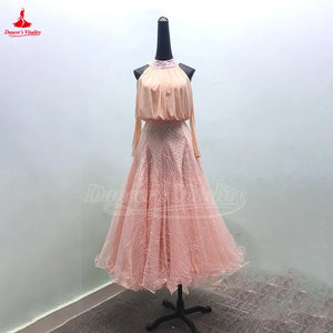 Women's Standard Ballroom Waltz Dance Dress With Long-Sleeve Lace Full Swing Skirt For Performance And Competition