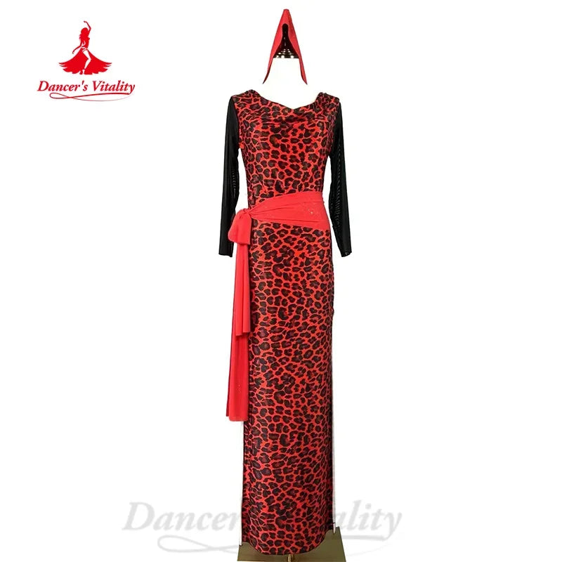 Women's Red Leopard Print Mesh Sleeve Cowl Neck Latin Dance Dress with Sash