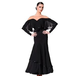 Women's Black Off-Shoulder Ruffled Long Sleeve Ballroom Dance Dress with Tiered Skirt