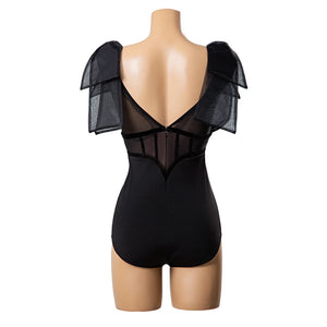 Women's Black Sheer Mesh & Bow Detail Ballroom Latin Rhythm Dance Dress with Beaded Hem