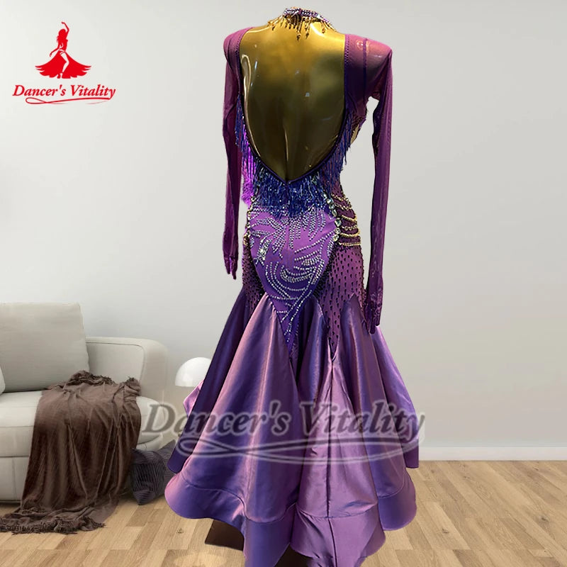 Women's Purple Ballroom Dance Dress, Rhinestone Beaded Mesh Long Sleeve Open Back Satin Gown
