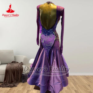 Women's Purple Ballroom Dance Dress, Rhinestone Beaded Mesh Long Sleeve Open Back Satin Gown