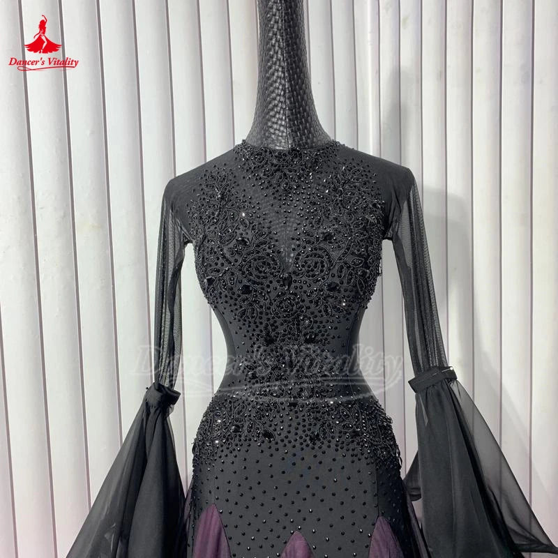 Adult Social Dance Long Sleeve Gradual Change Color Big Swing Dress Blackpool Dance Festival Standard Waltz Professional Costume