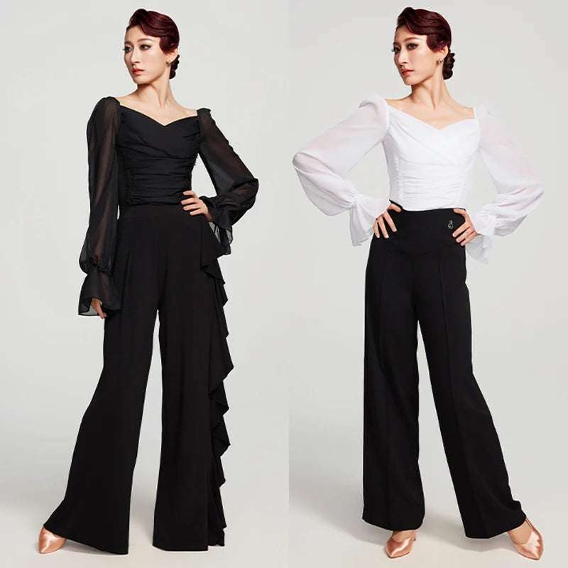 Women's Black & White Chiffon & Spandex Ruffled Wide-Leg Ballroom Dance Pants & Blouse Set
