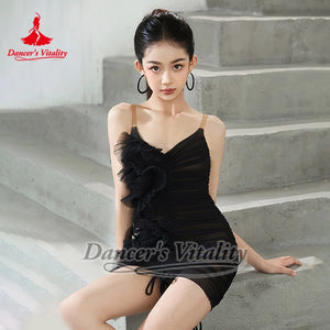 Dance Dress Women's Light Blue Ruched Ruffled Mesh Mini Dress, Dance Dress Women's Black Ruched Mesh Mini Dress, Latin Salsa Rumba Dancewear