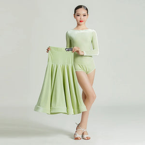 Girls' Velvet Long Sleeve Leotard & Skirt Set, Ballroom Latin Dance Costume