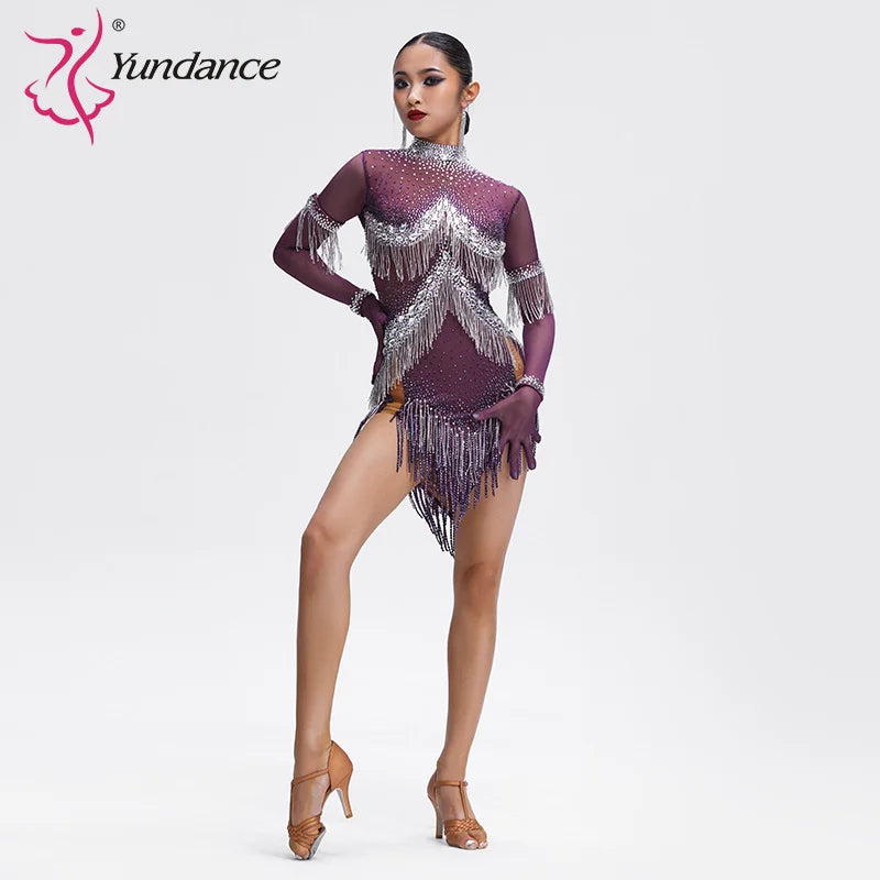 Latin Ballroom Dance Dress With Rhinestones And Tassel Fringe Multiple Colors For Adults And Kids Competition
