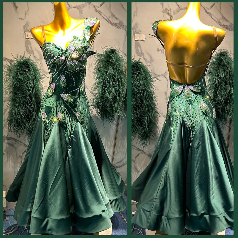 Women's Emerald Green Strapless Rhinestone & Feather Embellished Satin Ballroom Dance Dress