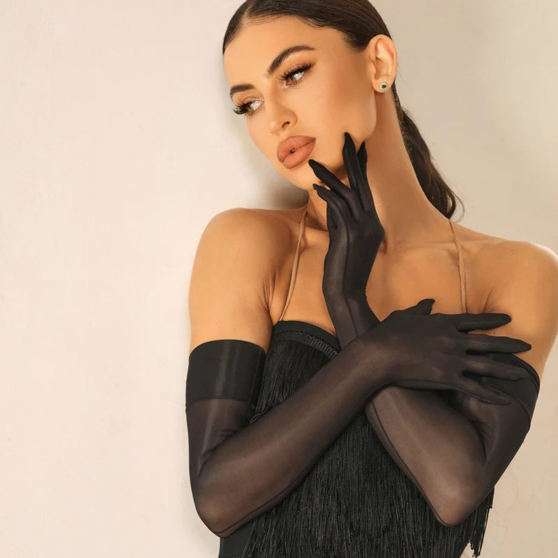 Dance Dress Women's Black Sheer Long Gloves, Fringe Embellished, Ballroom Latin