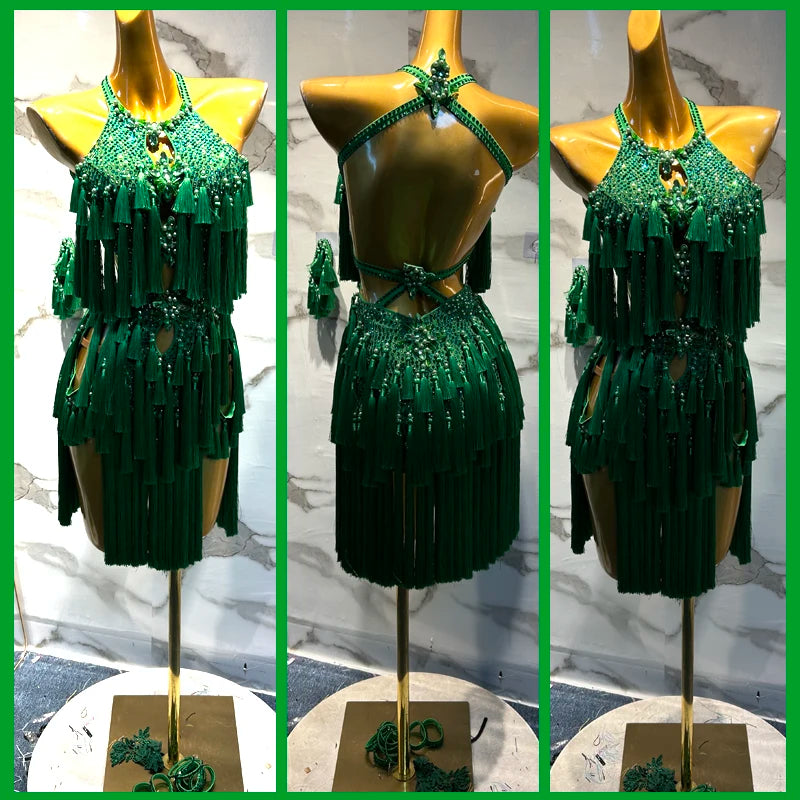 Women's Green Beaded Tassel Halterneck Latin Dance Dress
