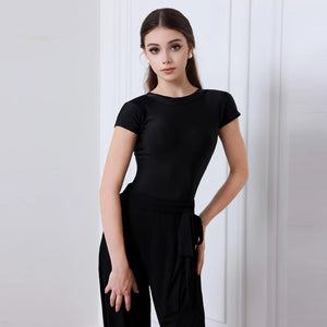 Women's Black Short Sleeve Boat Neck Dance Top and Wide Leg Ruffle Hem Pants Set for Latin Ballroom