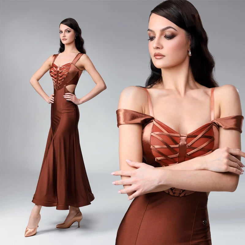 Women's Emerald Green, Burgundy, Black, Dusty Rose, and Copper Sleeveless Lace-Up Side Cut-Out Tango Dance Dress