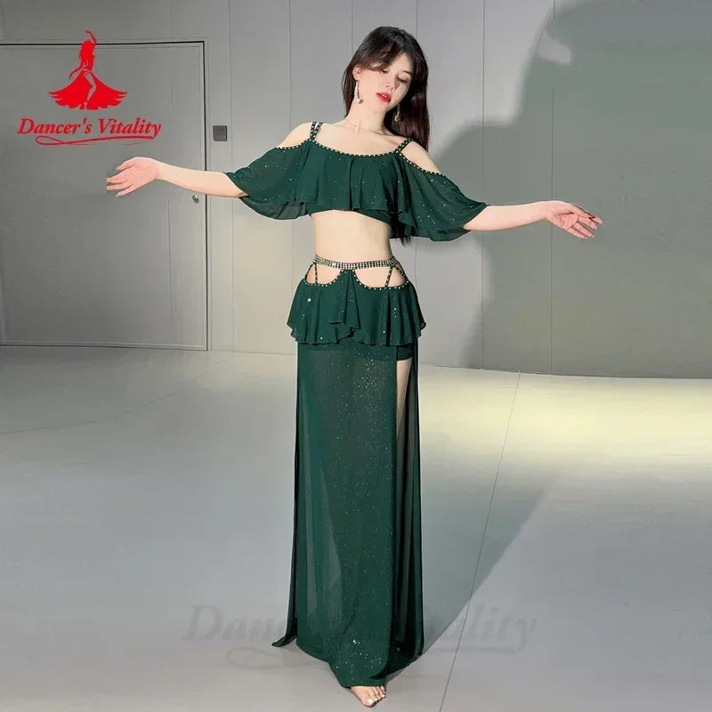 Belly Dance Costume Women's Emerald Green Ruffled Cold Shoulder Crop Top with Slit Skirt and Rhinestone Waist Chain