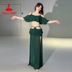 Belly Dance Costume Women's Emerald Green Ruffled Cold Shoulder Crop Top with Slit Skirt and Rhinestone Waist Chain