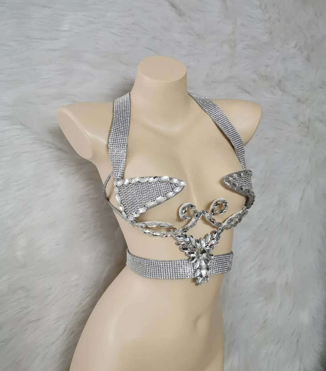 Women's Silver Rhinestone Halter Neck Open Bust Body Chain Belly Dance Bra Top