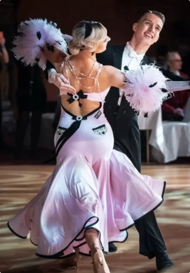 Women's Pink Feathered Sweetheart Neckline Ballroom Dance Dress with Gloves