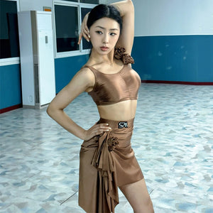 Women's Bronze Satin Ruffled Crop Top and Mini Skirt Set, Latin Dance