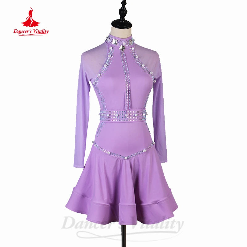 Women's Royal Blue Rhinestone Mesh Long Sleeve Latin Ballroom Dance Dress