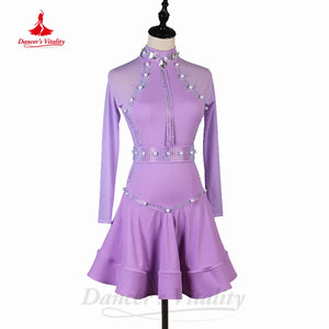 Women's Royal Blue Rhinestone Mesh Long Sleeve Latin Ballroom Dance Dress