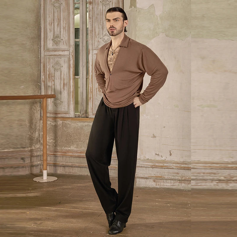 Men's Ballroom Dance Shirt & Pants Set, Cream Long Sleeve V-Neck Shirt, Navy Blue Pleated Pants, Black Long Sleeve V-Neck Shirt, Black Pleated Pants, Black Long Sleeve Crew Neck Shirt, Cream Pleated Pants