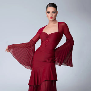 Women's Red Mesh & Chiffon Pleated Bell Sleeve Latin Ballroom Dance Dress