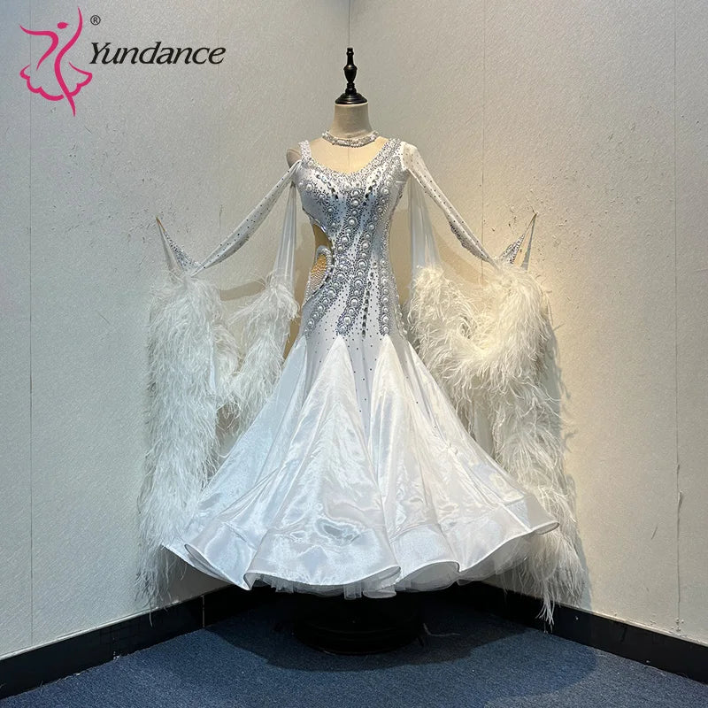 Women's Standard Ballroom Dance Dress In Chiffon With Ostrich Feathers For Competition