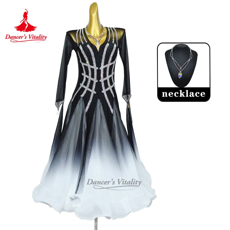 Women's Ballroom Dress Long Sleeve Gradient Chiffon Full Skirt For Waltz Foxtrot Quickstep Competition