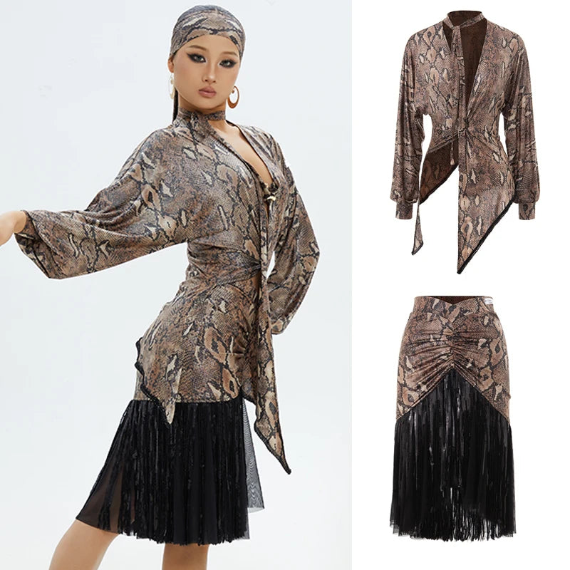 Women's Brown Snake Print Choker Neck Long Sleeve Top and Black Fringe Skirt Latin Dance Set
