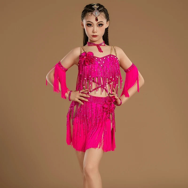 Girls' Hot Pink Sequin Fringe Latin Dance Costume Set with Headpiece and Armbands