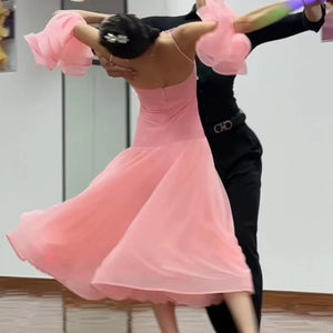 Women's Green Lace Mesh Ruffle Sleeve Ballroom Dance Dress, Women's Pink Lace Mesh Ruffle Sleeve Ballroom Dance Dress