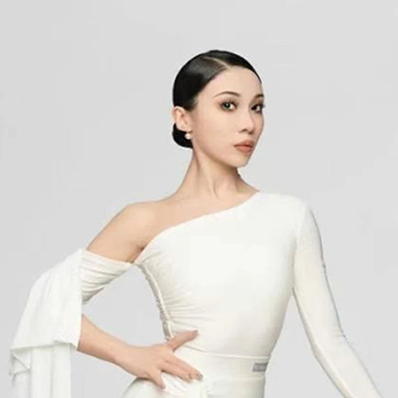 Women's Black & White One-Shoulder Ruched Latin Dance Dress with Flowing Sleeves