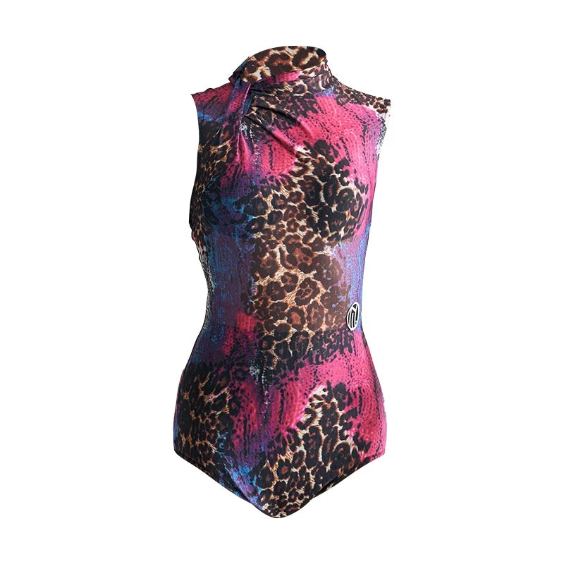 Women's Black & Leopard Print Sleeveless Mock Neck Bodysuit & Ruffled Skirt Latin Dancewear