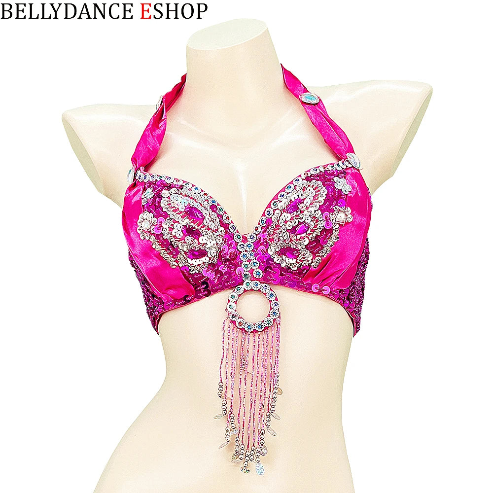 Belly Dance Bra Top, Women's Red Sequin & Beaded Halter Top with Fringe, Belly Dancing Costume