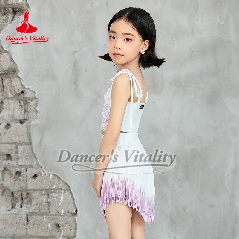 Girls White & Pink Sequin Fringe Latin Dance Dress, Spaghetti Strap Crop Top & Asymmetrical Skirt Set