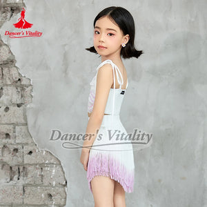 Girls White & Pink Sequin Fringe Latin Dance Dress, Spaghetti Strap Crop Top & Asymmetrical Skirt Set