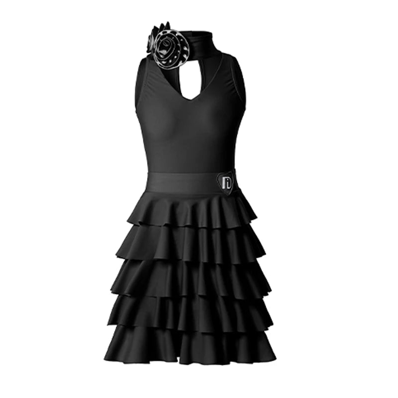 Girls' Pink V-Neck Ruffled Skirt Latin Dance Dress with Floral Choker, Black V-Neck Ruffled Skirt Latin Dance Dress with Floral Choker