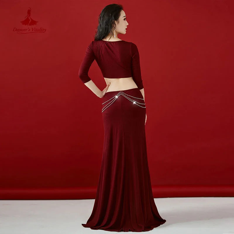 Women's Green V-Neck Ruched Cutout Slit Belly Dance Dress with Rhinestone Chain