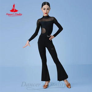 Women's Black Mesh Long Sleeve Mock Neck Leotard with Cutouts and Flared Pants, Latin Dance