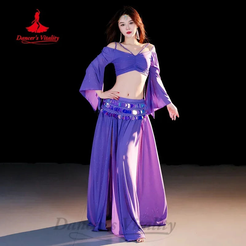 Belly Dance Costume Women Black Off-Shoulder Crop Top Long Sleeve with Slit Skirt and Sequin Hip Scarf Set