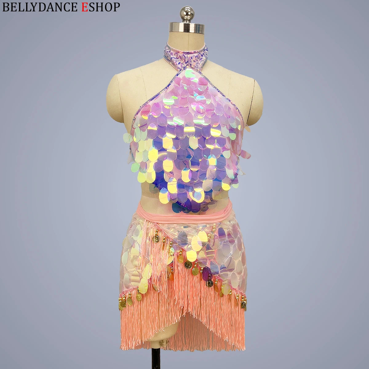 Belly Dance Halter Top and Skirt Set, Women's Iridescent Sequin Fringe Latin Dance Costume