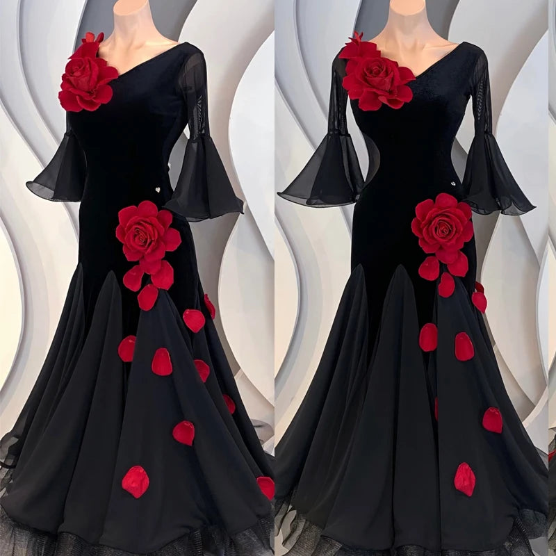 Women's Black Velvet & Chiffon Ballroom Dance Dress with Red Rose Appliques