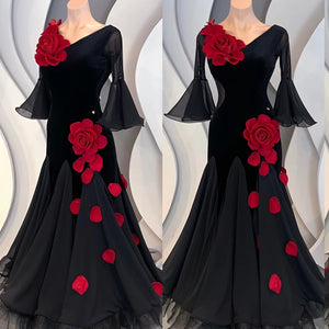Women's Black Velvet & Chiffon Ballroom Dance Dress with Red Rose Appliques