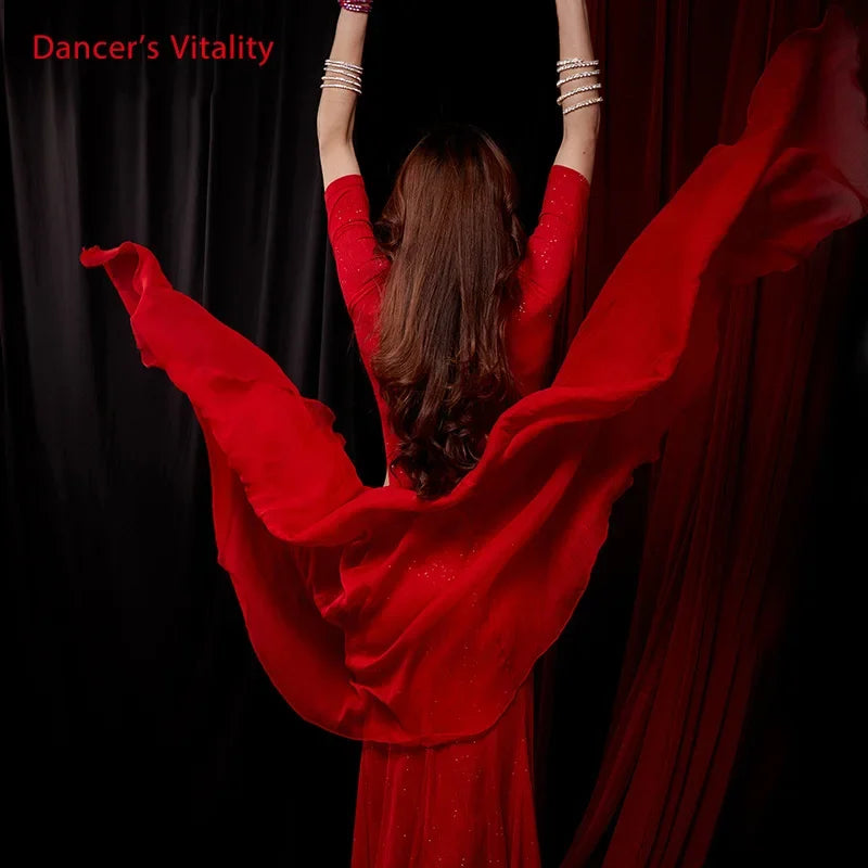 Women's Red Sequin Velvet Cutout Ruched Slit Belly Dance Dress with Flowing Scarf