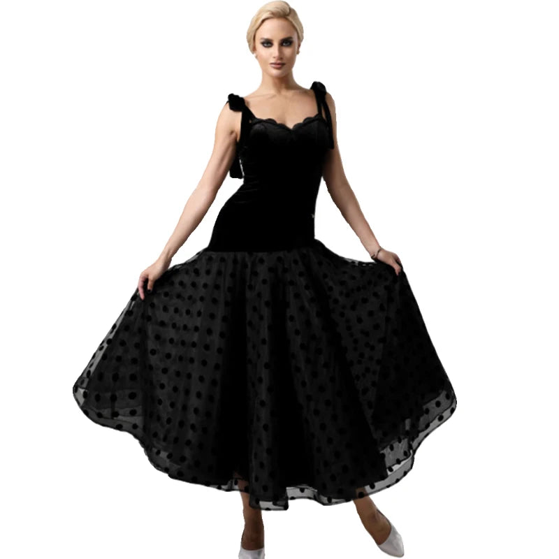 Women's Black Velvet Polka Dot Mesh Ballroom Dance Dress with Tie Straps