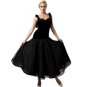 Women's Black Velvet Polka Dot Mesh Ballroom Dance Dress with Tie Straps