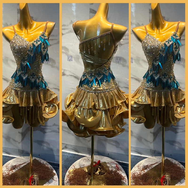 Latin Dance Dress Women Gold Sequin Teal Fringe Ruffled Skirt Strappy Back